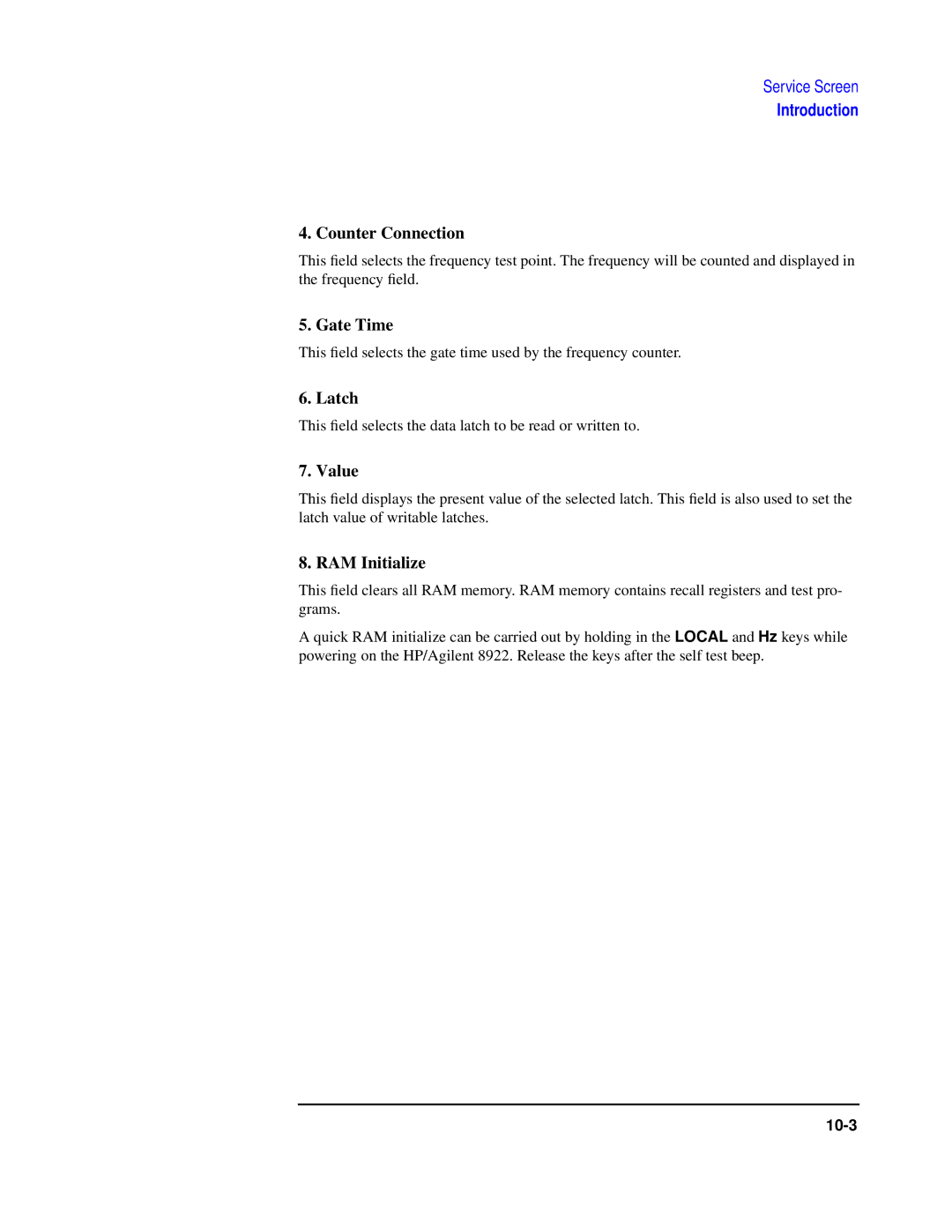 Agilent Technologies 8922 manual Counter Connection, Gate Time, Latch, Value, RAM Initialize 