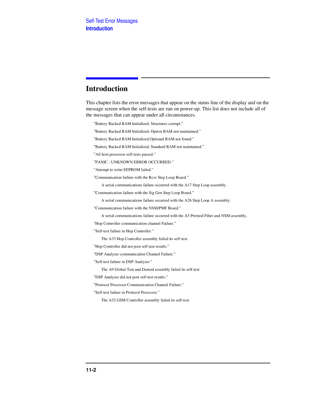 Agilent Technologies 8922 manual Self-Test Error Messages 