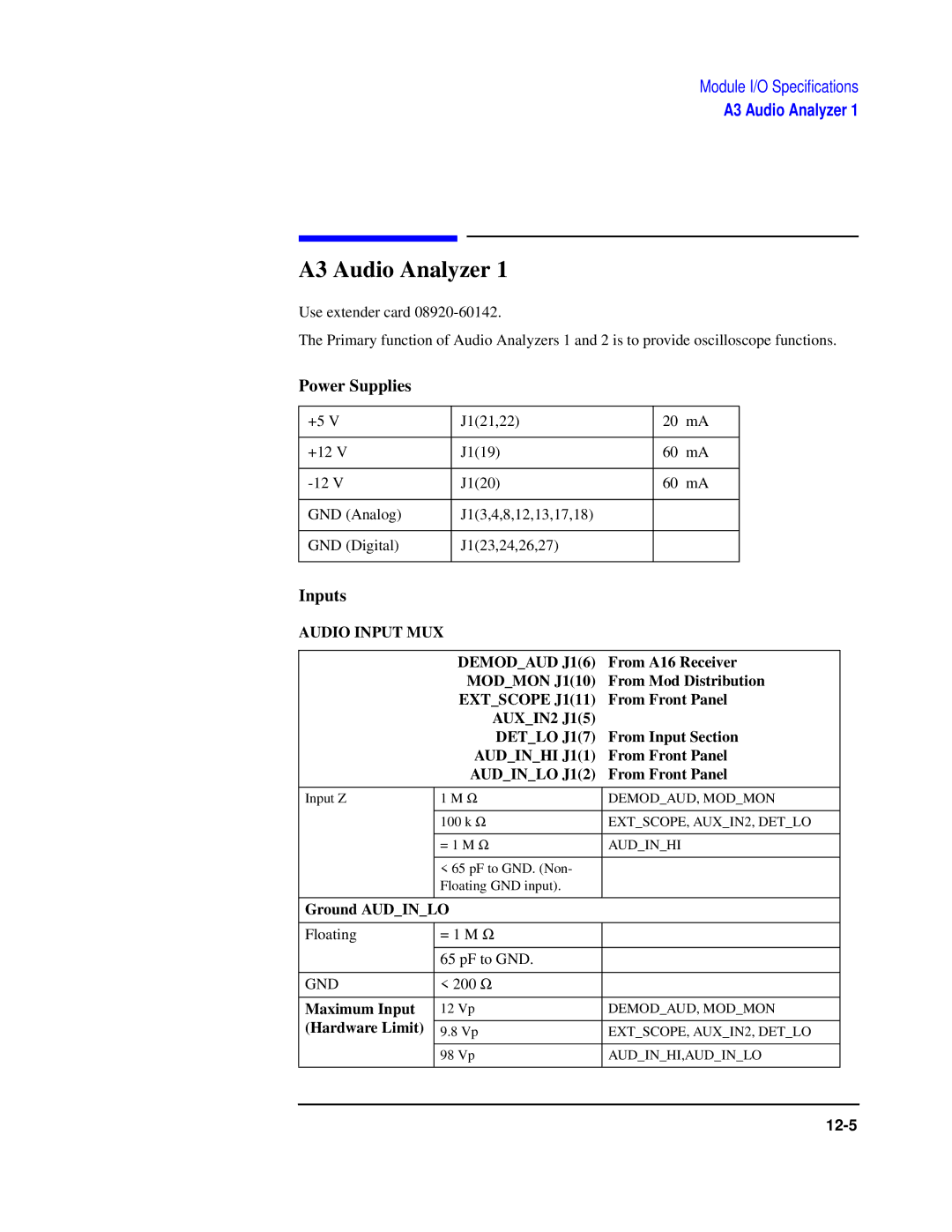 Agilent Technologies 8922 manual A3 Audio Analyzer, Audio Input MUX Demodaud J16, Extscope J111, Audinhi J11, Audinlo J12 