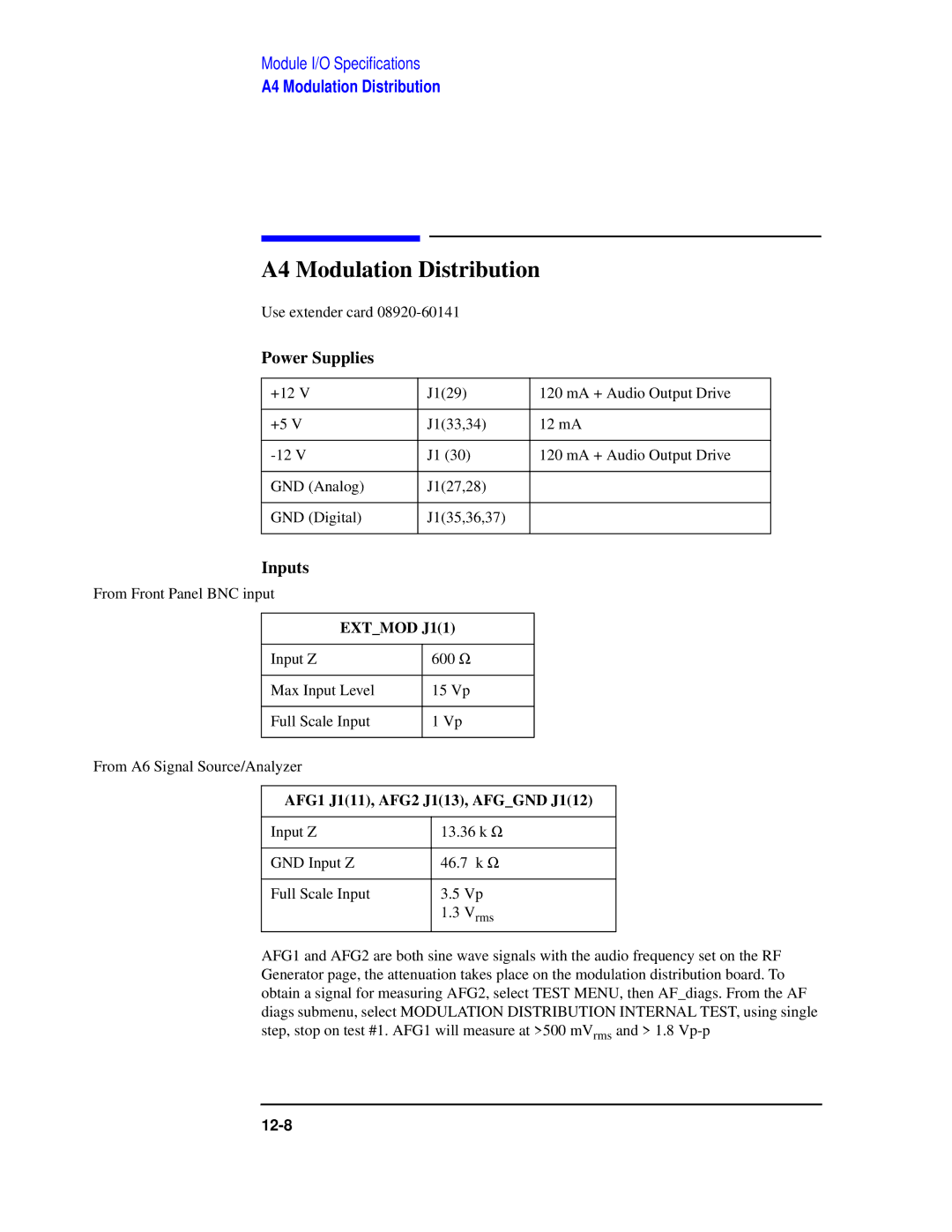 Agilent Technologies 8922 manual A4 Modulation Distribution, Extmod J11, AFG1 J111, AFG2 J113, Afggnd J112 