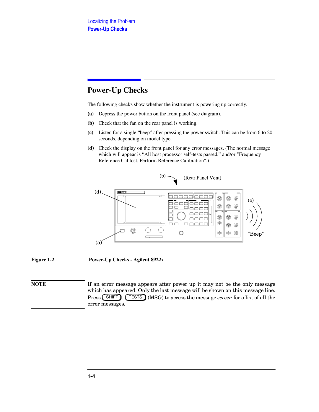 Agilent Technologies 8922 manual Power-Up Checks Agilent 