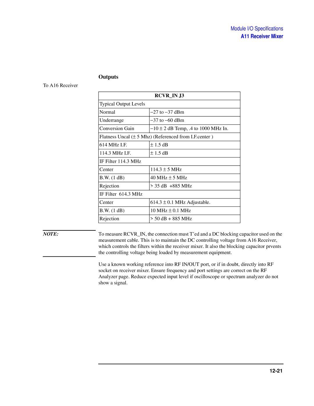 Agilent Technologies 8922 manual Outputs, Rcvrin J3 