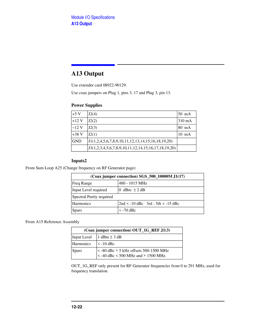 Agilent Technologies 8922 manual A13 Output, Inputs2, Coax jumper connection SGS50010000M J117 