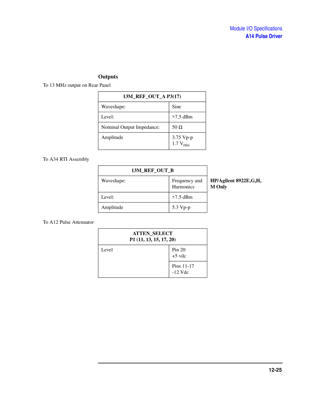 Agilent Technologies manual 13MREFOUTA P317, 13MREFOUTB, Attenselect, P1 11, 13, 15, 17, HP/Agilent 8922E,G,H Only 