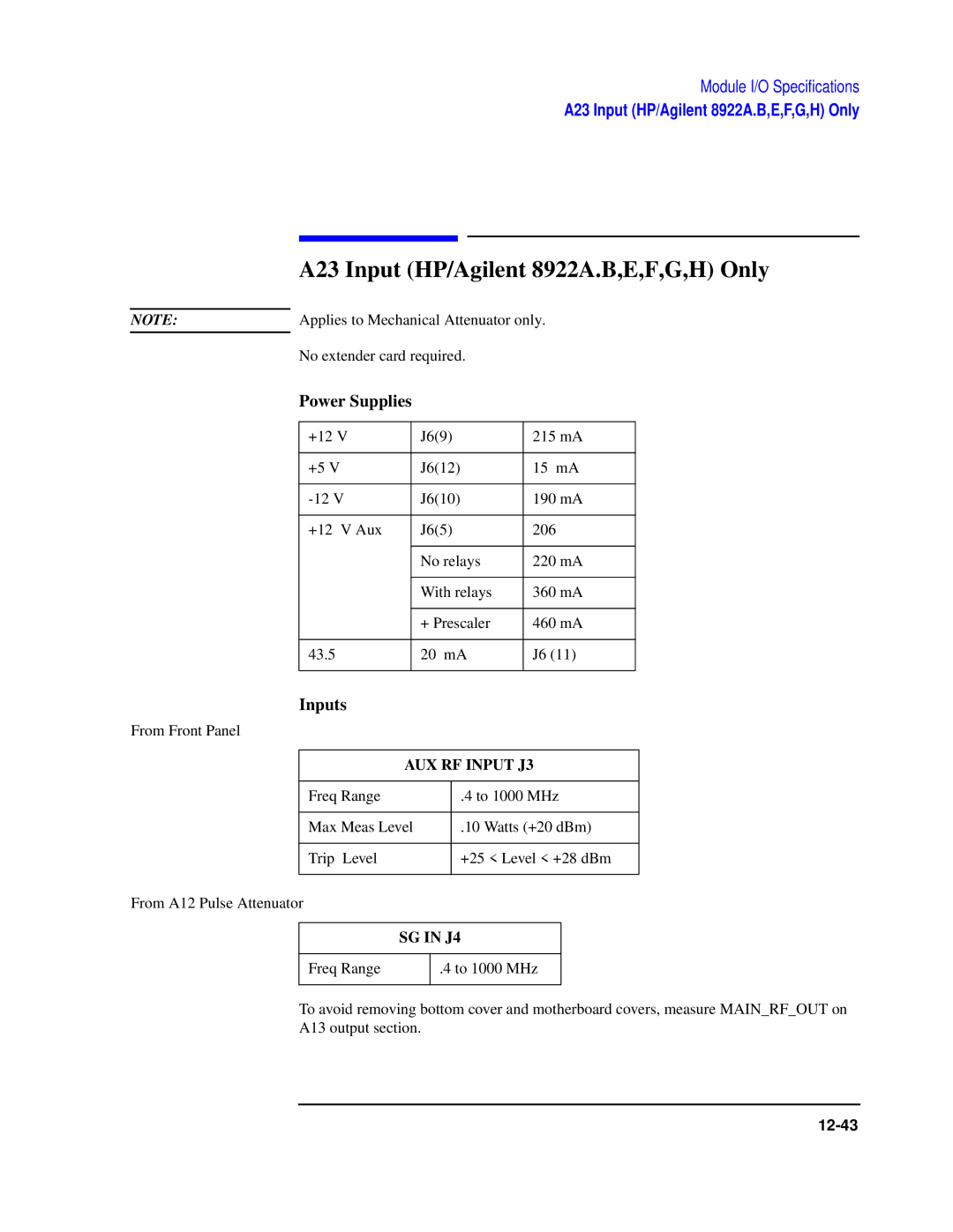 Agilent Technologies manual A23 Input HP/Agilent 8922A.B,E,F,G,H Only, AUX RF Input J3, SG in J4 