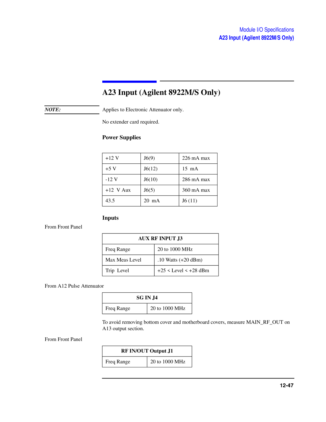 Agilent Technologies manual A23 Input Agilent 8922M/S Only, Power Supplies 