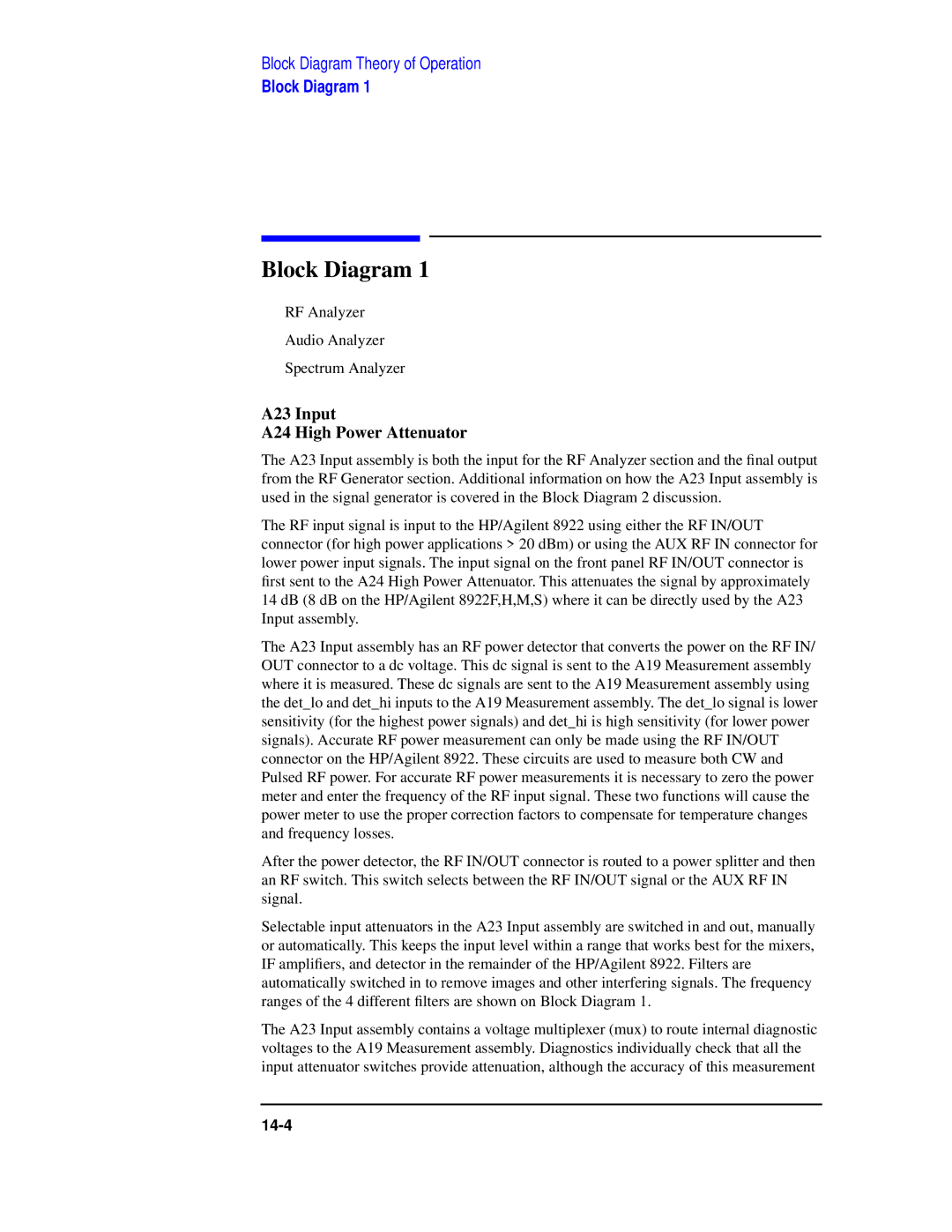 Agilent Technologies 8922 manual Block Diagram, A23 Input A24 High Power Attenuator 