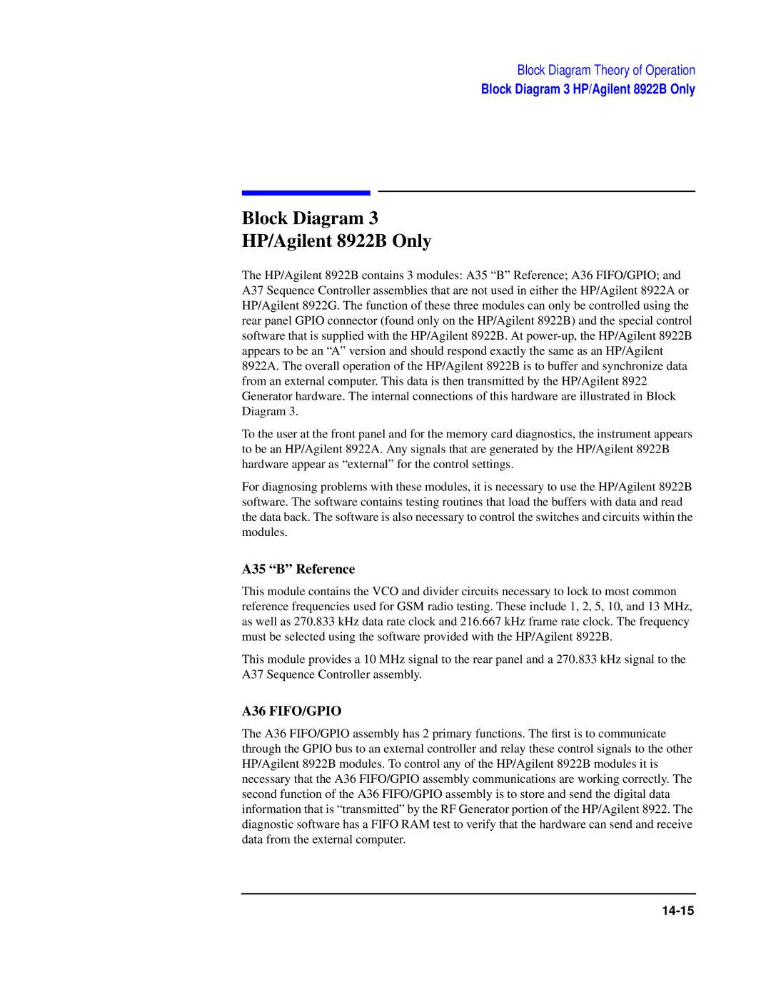 Agilent Technologies manual Block Diagram HP/Agilent 8922B Only, A35 B Reference 