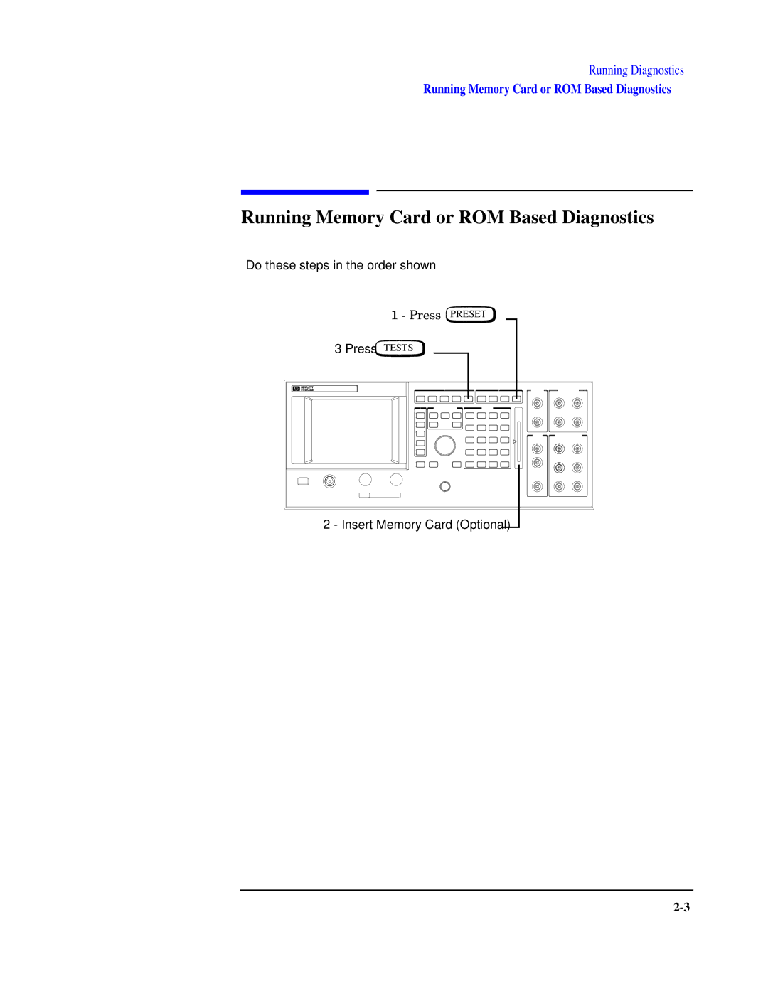 Agilent Technologies 8922 manual Running Memory Card or ROM Based Diagnostics 