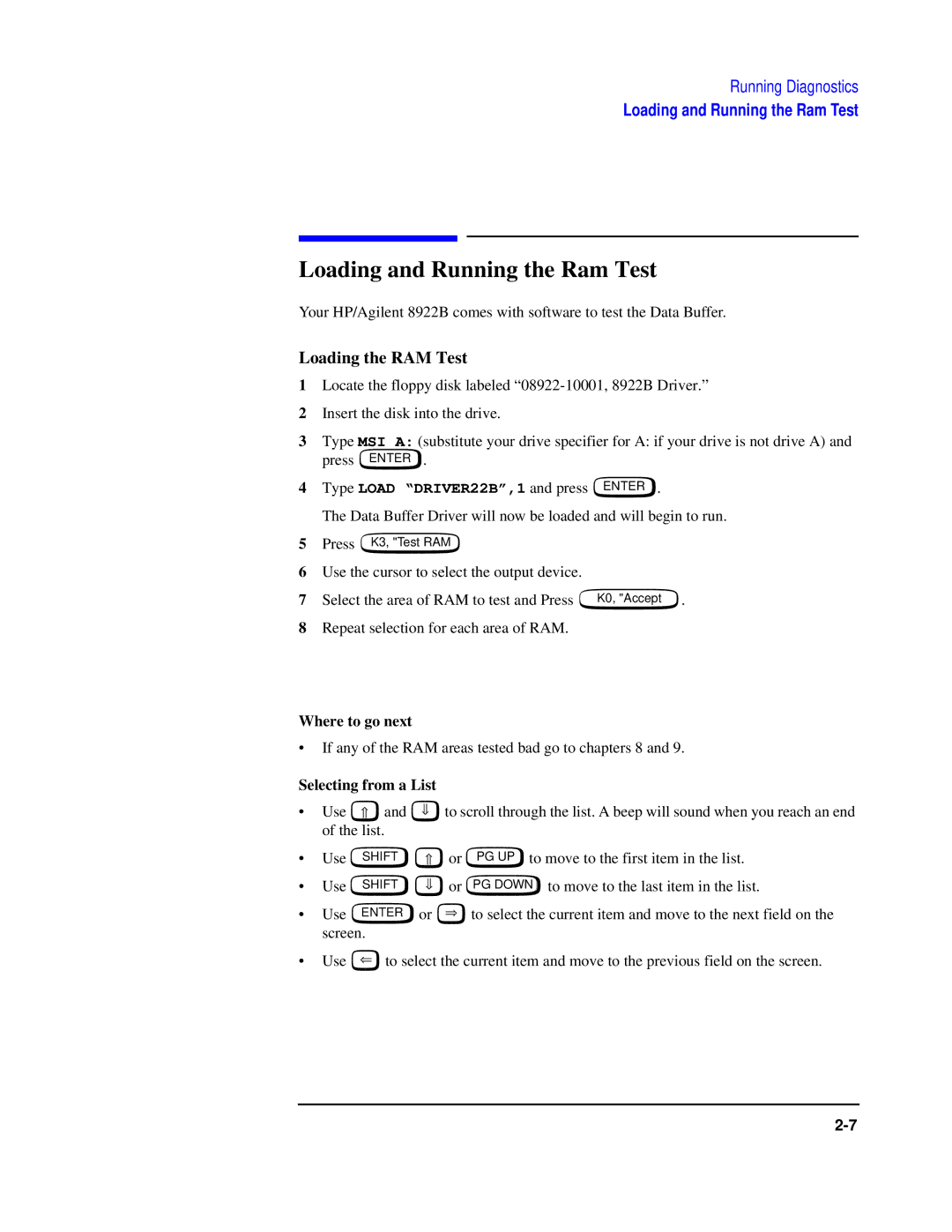 Agilent Technologies 8922 manual Loading and Running the Ram Test, Loading the RAM Test, Selecting from a List 