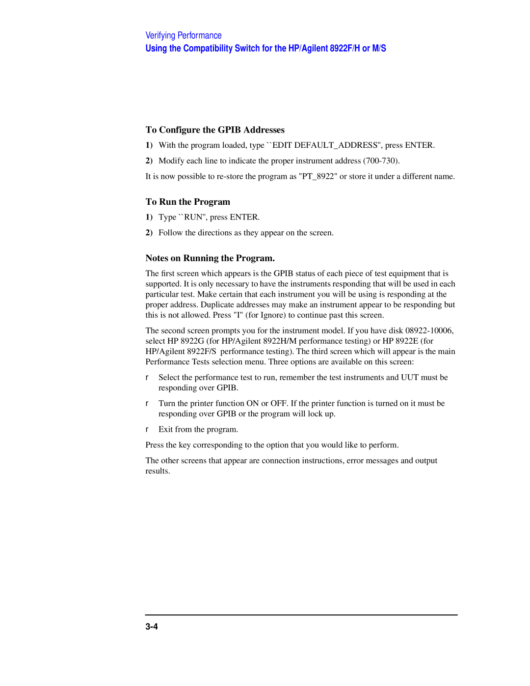 Agilent Technologies 8922 manual To Configure the Gpib Addresses, To Run the Program 