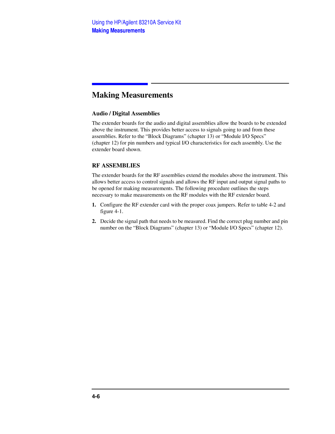 Agilent Technologies 8922 manual Making Measurements, Audio / Digital Assemblies 