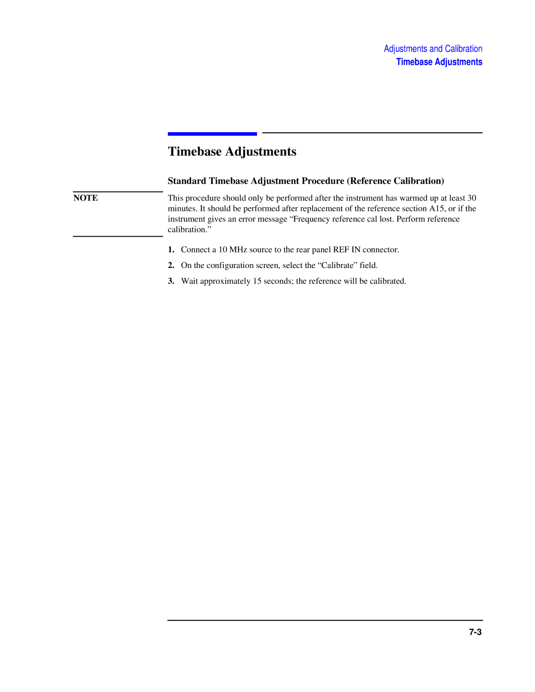 Agilent Technologies 8922 manual Timebase Adjustments, Standard Timebase Adjustment Procedure Reference Calibration 