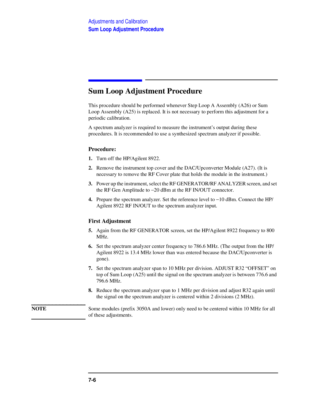 Agilent Technologies 8922 manual Sum Loop Adjustment Procedure, First Adjustment 