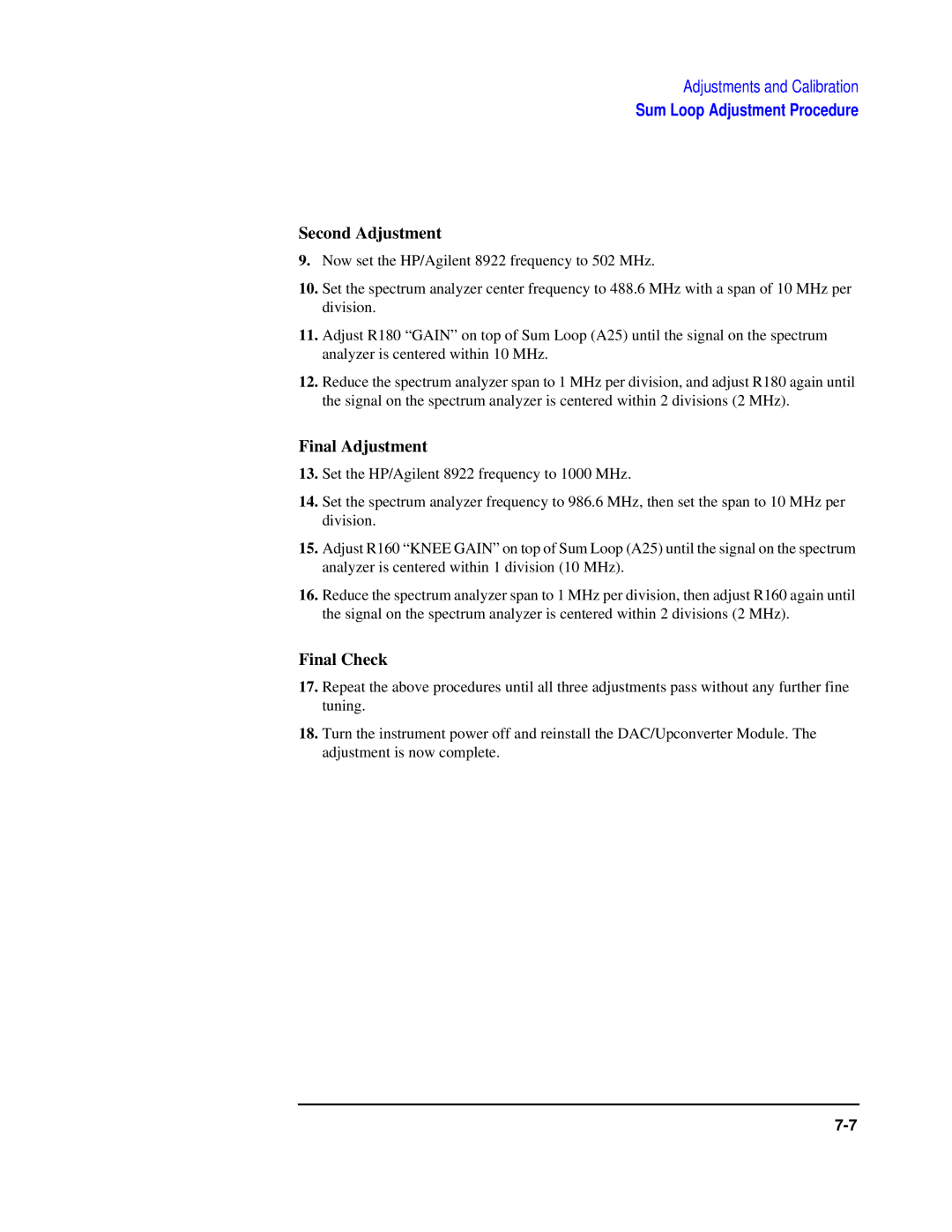 Agilent Technologies 8922 manual Second Adjustment, Final Adjustment, Final Check 