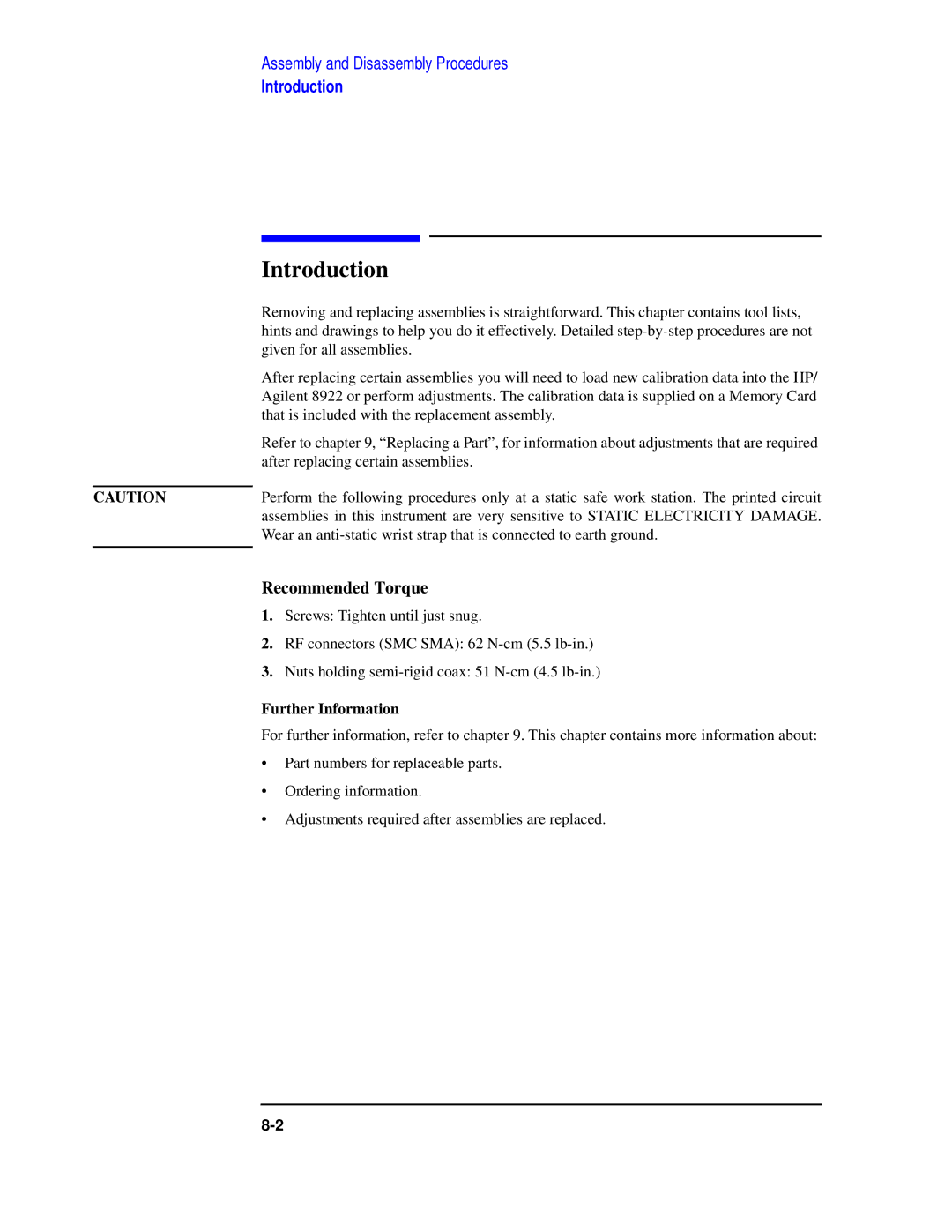 Agilent Technologies 8922 manual Recommended Torque, Further Information 