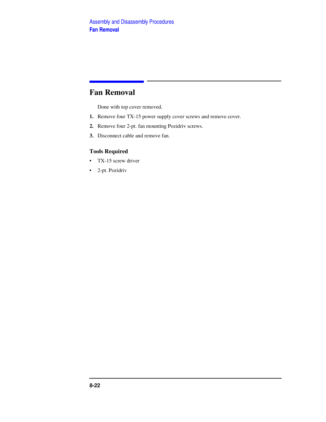 Agilent Technologies 8922 manual Fan Removal 