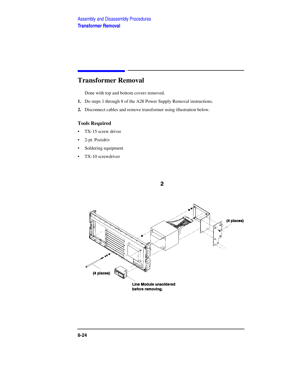 Agilent Technologies 8922 manual Transformer Removal 