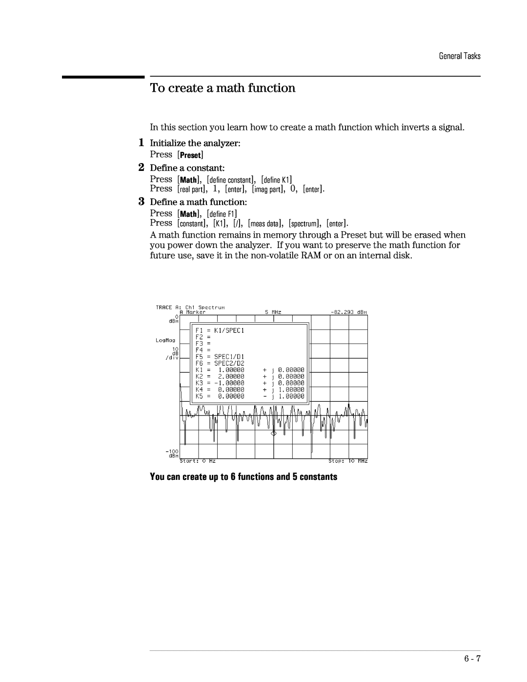 Agilent Technologies 89441A To create a math function, You can create up to 6 functions and 5 constants, General Tasks 