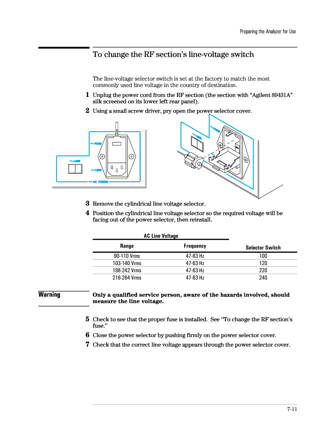 Agilent Technologies 89441A manual To change the RF section’s line-voltageswitch, AC Line Voltage 