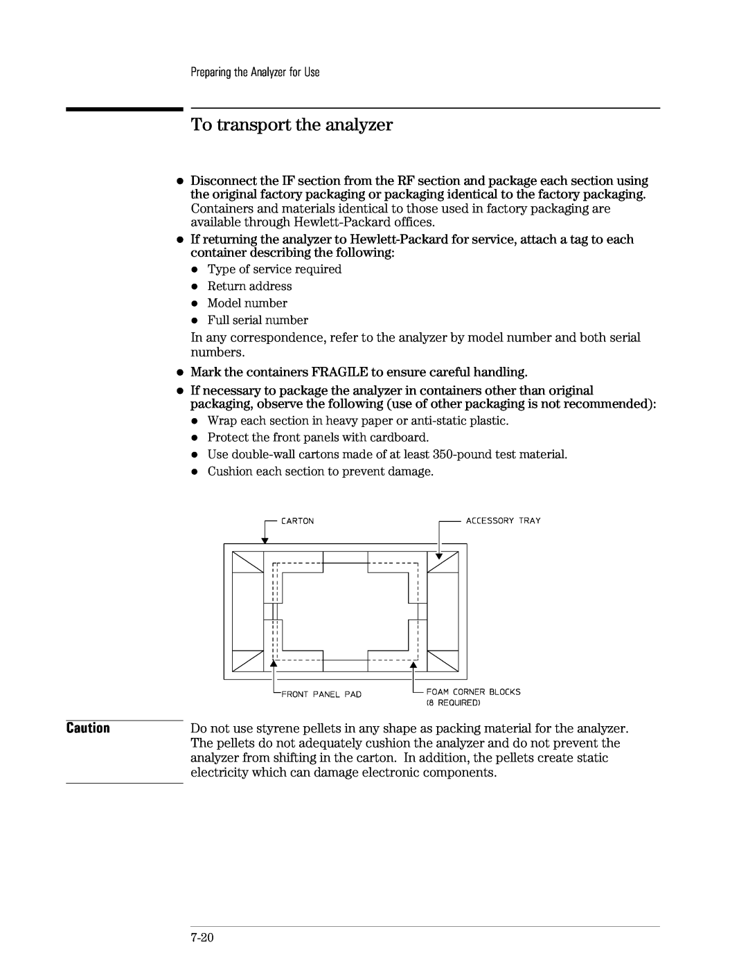 Agilent Technologies 89441A manual lTo transport the analyzer 