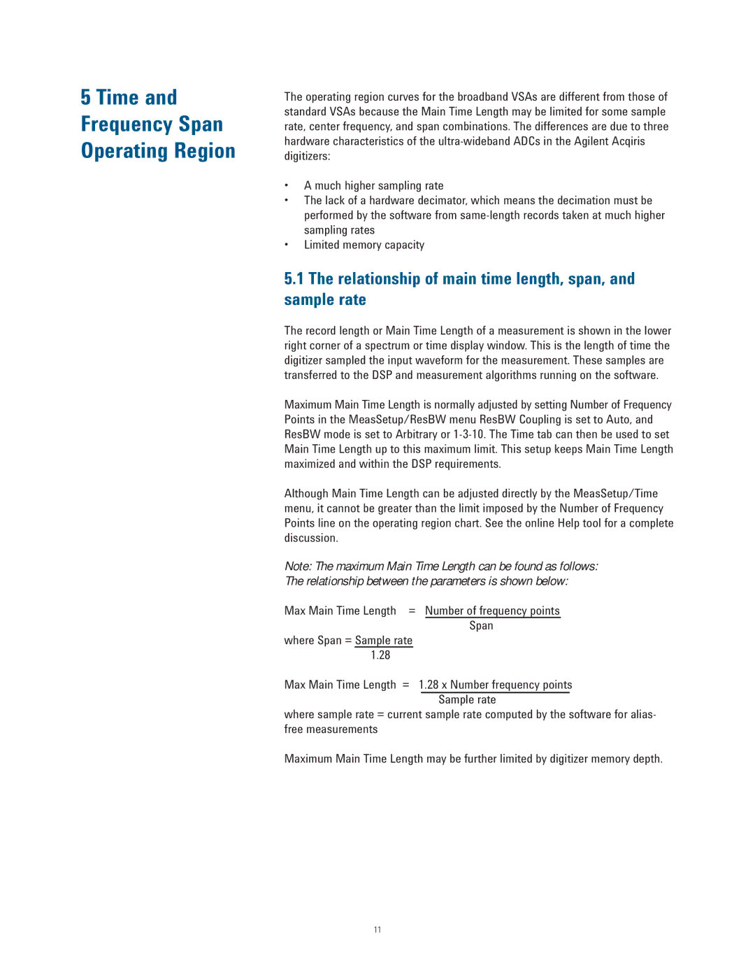 Agilent Technologies 89600 Time Frequency Span Operating Region, Relationship of main time length, span, and sample rate 