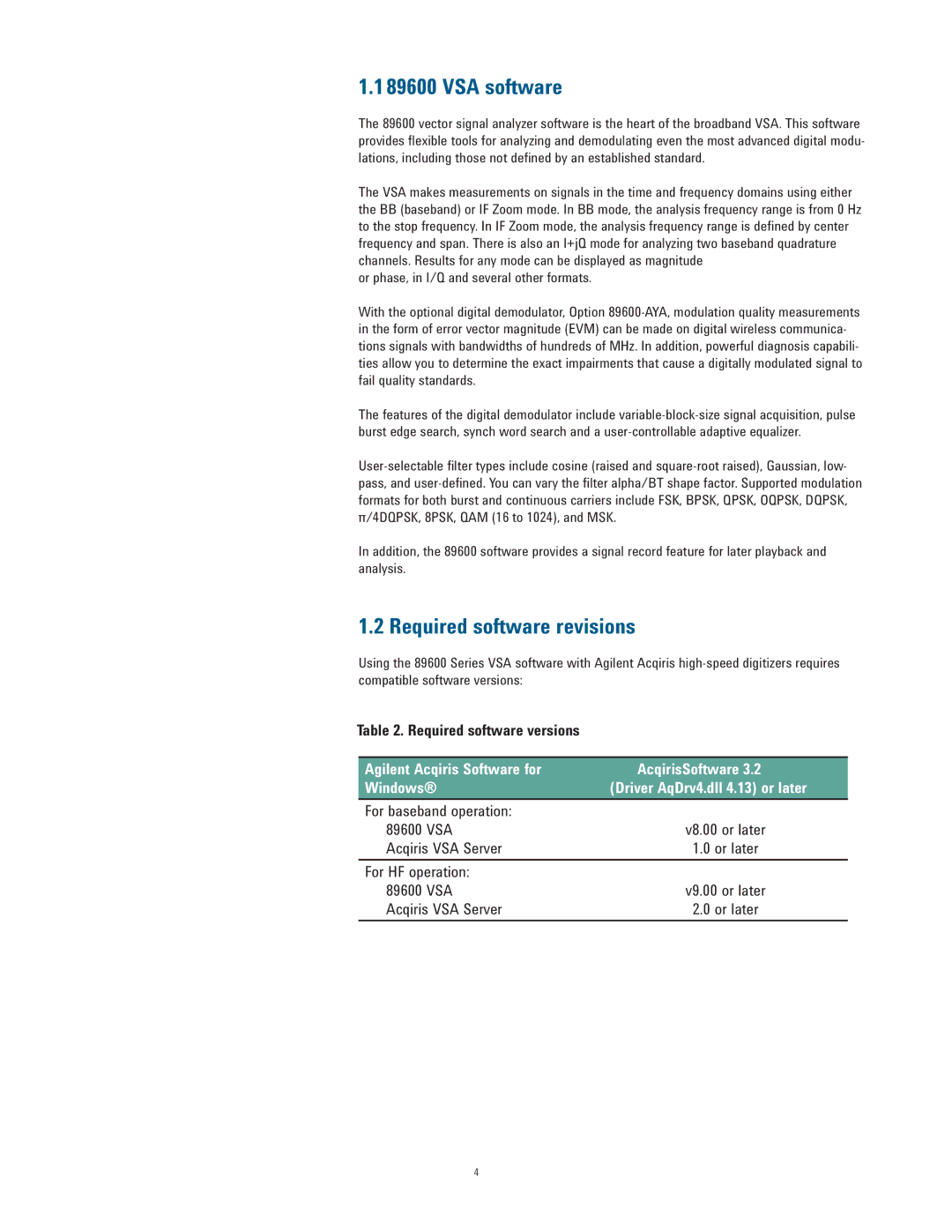 Agilent Technologies 89600 manual VSA software, Required software revisions 