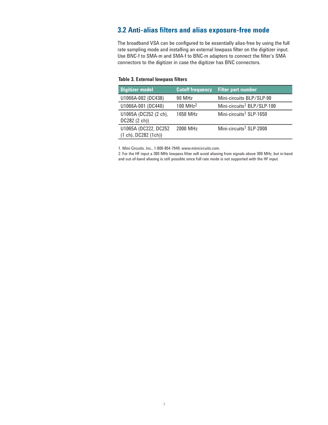 Agilent Technologies 89600 manual Anti-alias ﬁlters and alias exposure-free mode, Digitizer model, Filter part number 