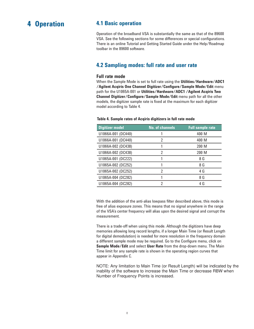 Agilent Technologies 89600 manual Operation, Basic operation, Sampling modes full rate and user rate 