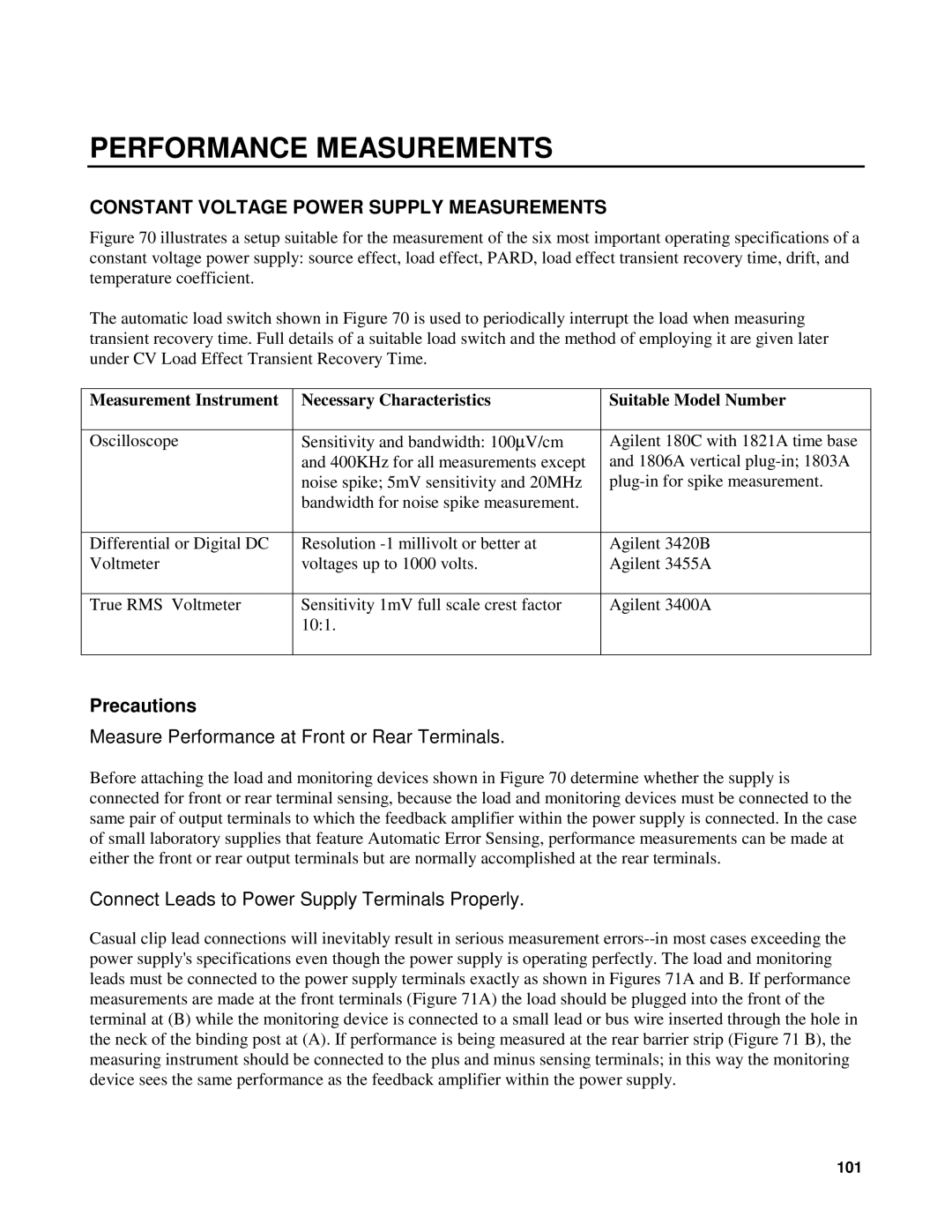 Agilent Technologies 90B manual Constant Voltage Power Supply Measurements, Precautions 
