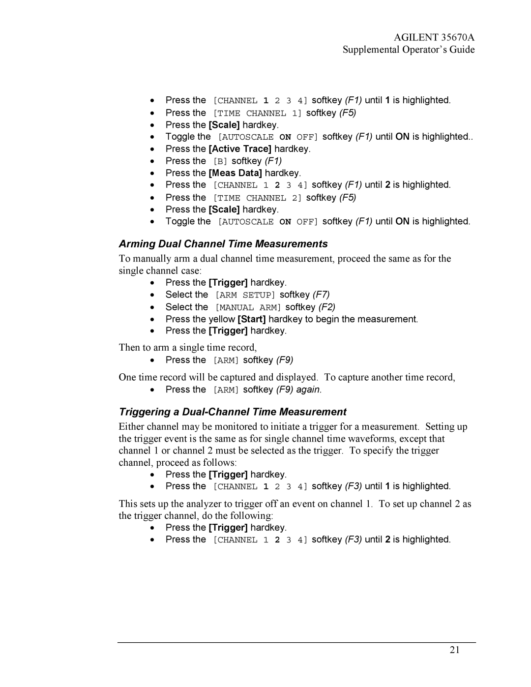 Agilent Technologies Agilent 35670A Arming Dual Channel Time Measurements, Triggering a Dual-Channel Time Measurement 
