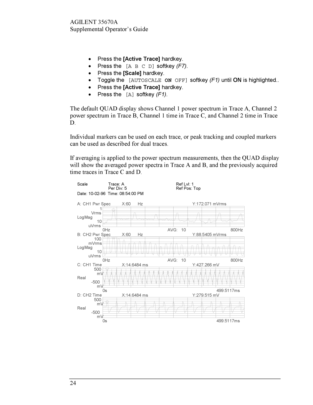 Agilent Technologies Agilent 35670A manual 0Hz CH2 Pwr Spec X60 Y88.5405 mVrms 100 MVrms LogMag UVrms 