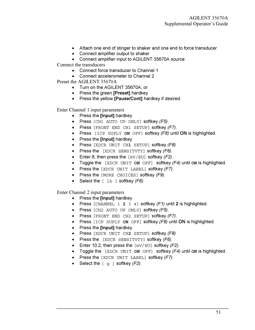 Agilent Technologies manual Connect the transducers, Preset the Agilent 35670A, Enter Channel 1 input parameters 