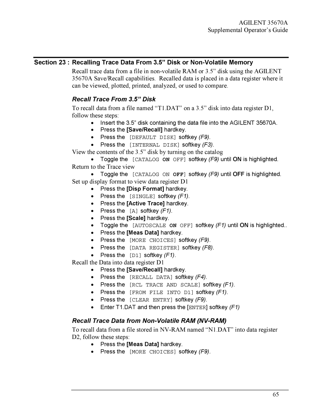 Agilent Technologies Agilent 35670A Recalling Trace Data From 3.5 Disk or Non-Volatile Memory, Recall Trace From 3.5 Disk 