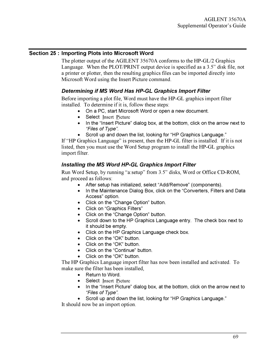 Agilent Technologies Agilent 35670A manual Importing Plots into Microsoft Word, It should now be an import option 