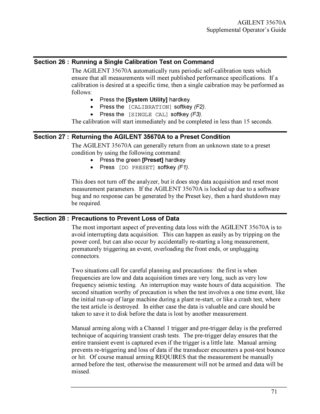 Agilent Technologies Agilent 35670A Running a Single Calibration Test on Command, Precautions to Prevent Loss of Data 