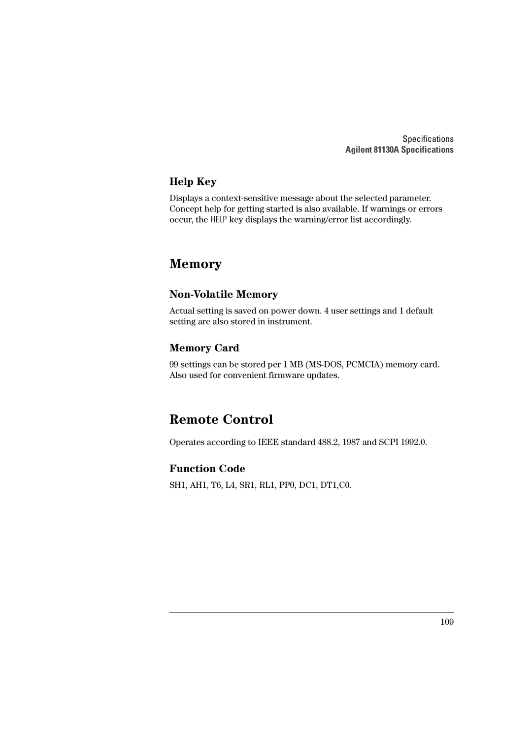 Agilent Technologies 660MHz, Agilent 81130A 400 manual Help Key, Non-Volatile Memory, Memory Card, Function Code 