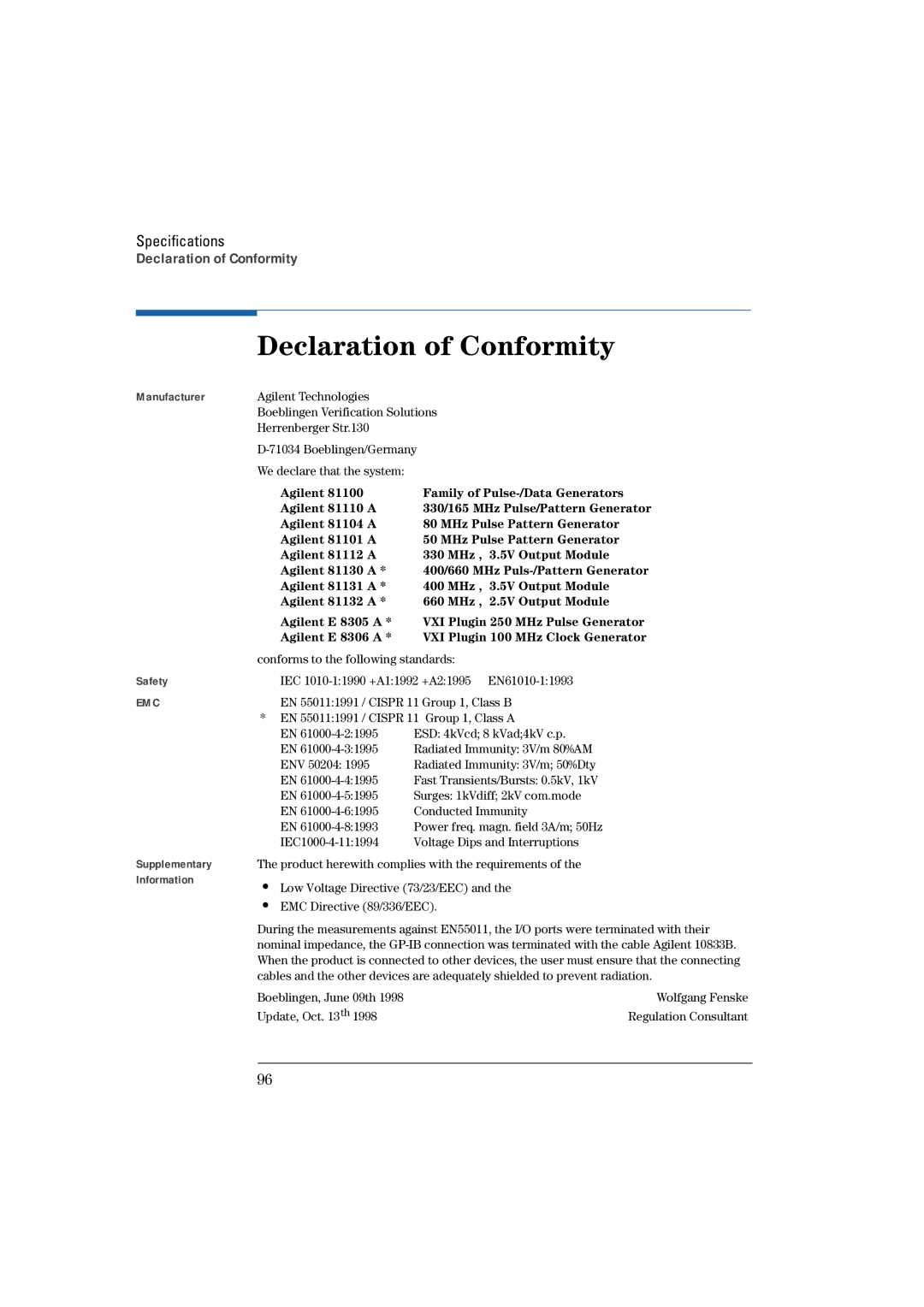 Agilent Technologies Agilent 81130A 400, 660MHz manual Declaration of Conformity, Specifications 