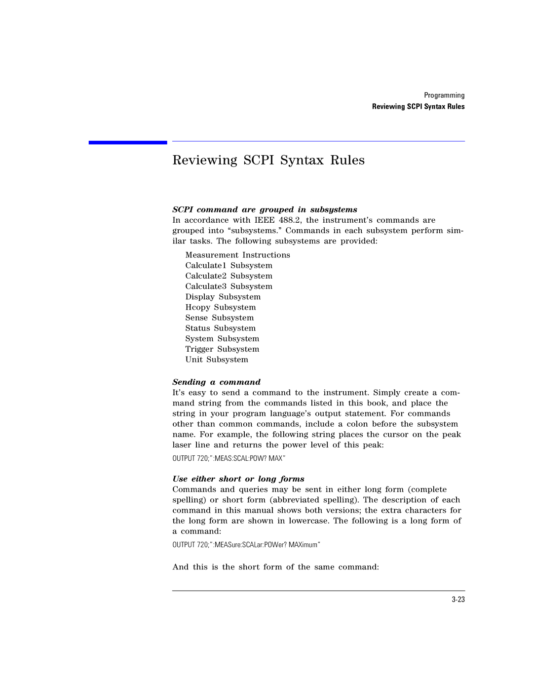 Agilent Technologies Agilent 86120C Reviewing Scpi Syntax Rules, Scpi command are grouped in subsystems, Sending a command 