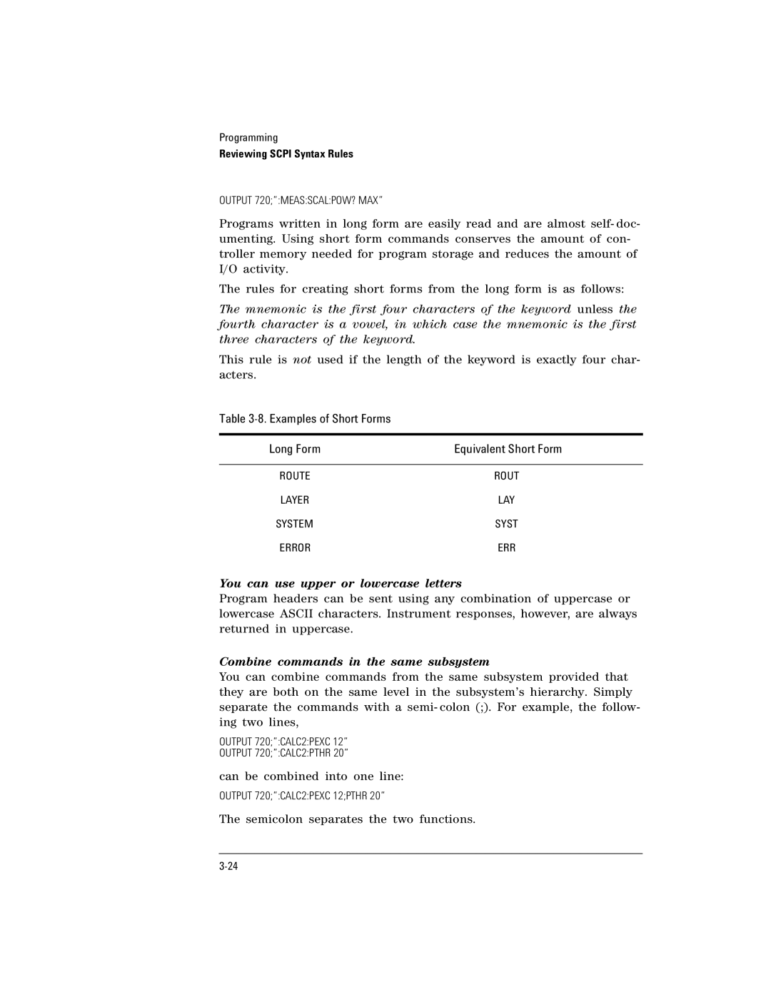 Agilent Technologies Agilent 86120C Examples of Short Forms, Equivalent Short Form, You can use upper or lowercase letters 