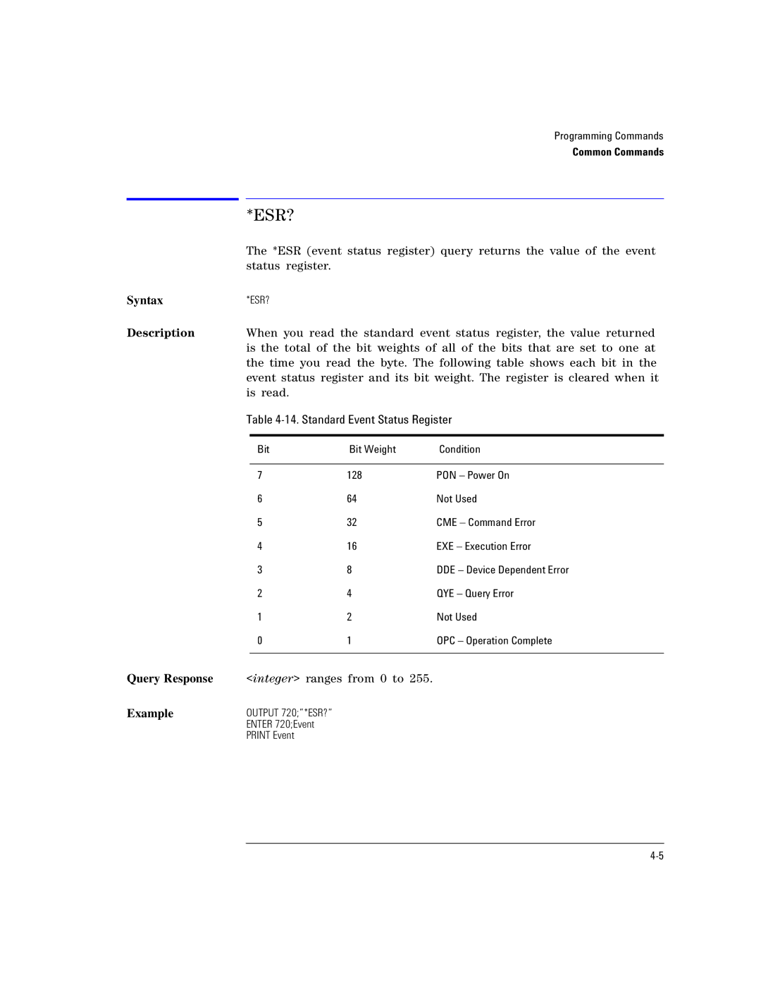 Agilent Technologies Agilent 86120C manual Esr?, Standard Event Status Register 