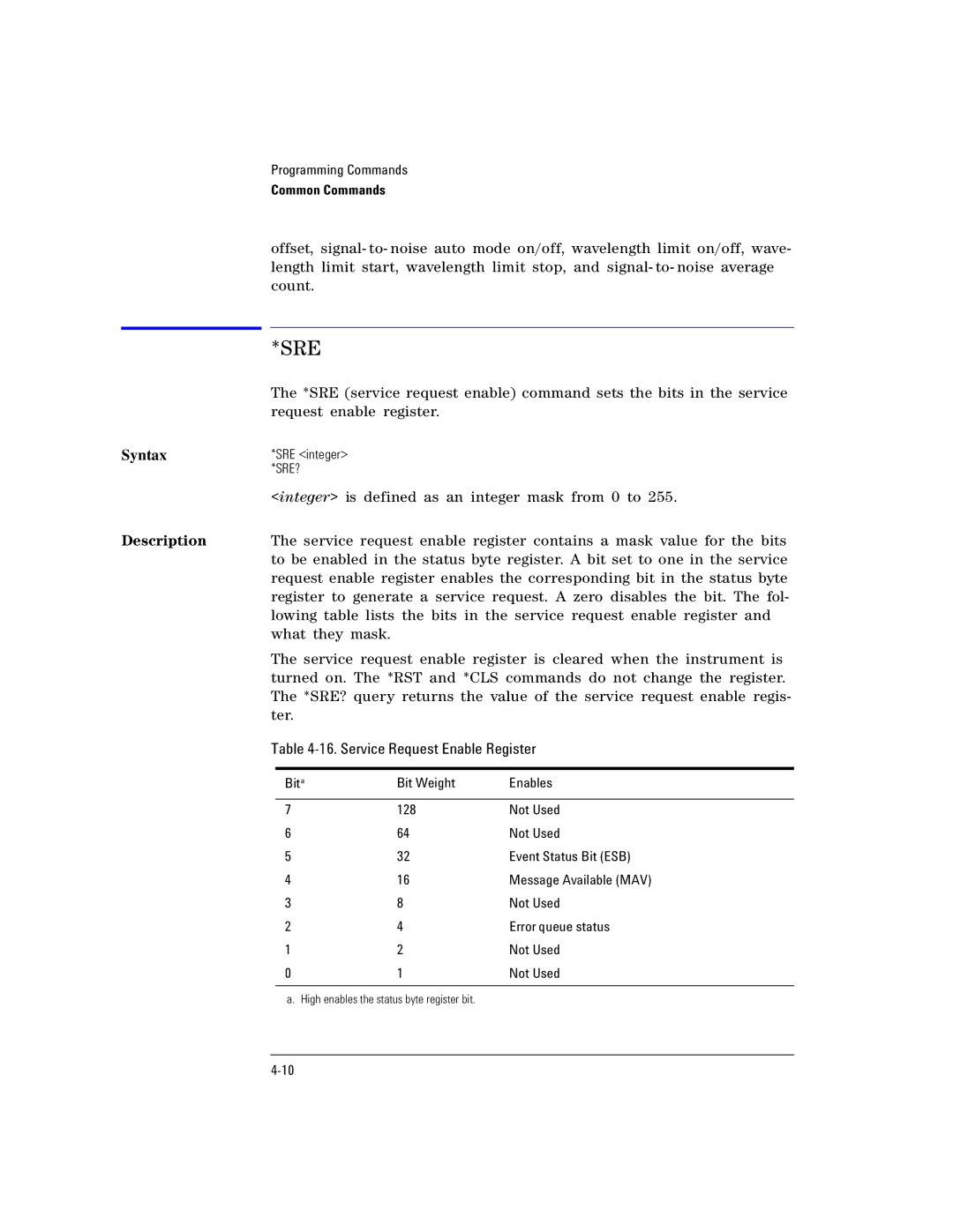 Agilent Technologies Agilent 86120C manual Sre, Service Request Enable Register 