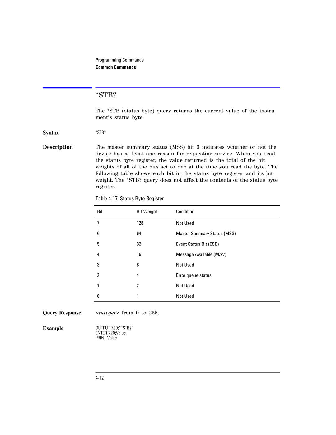 Agilent Technologies Agilent 86120C manual Stb?, Status Byte Register 