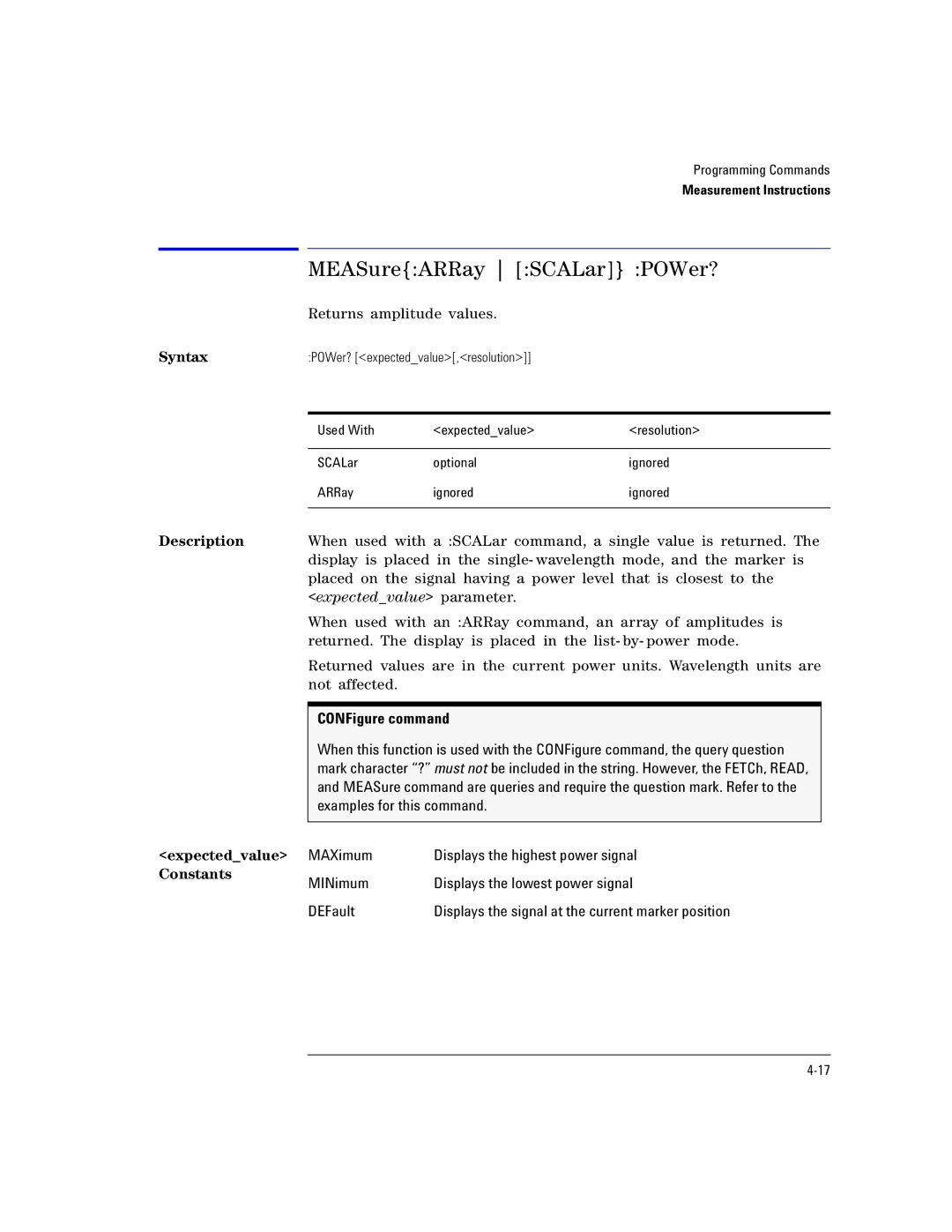 Agilent Technologies Agilent 86120C manual MEASureARRay SCALar POWer?, CONFigure command, Displays the highest power signal 