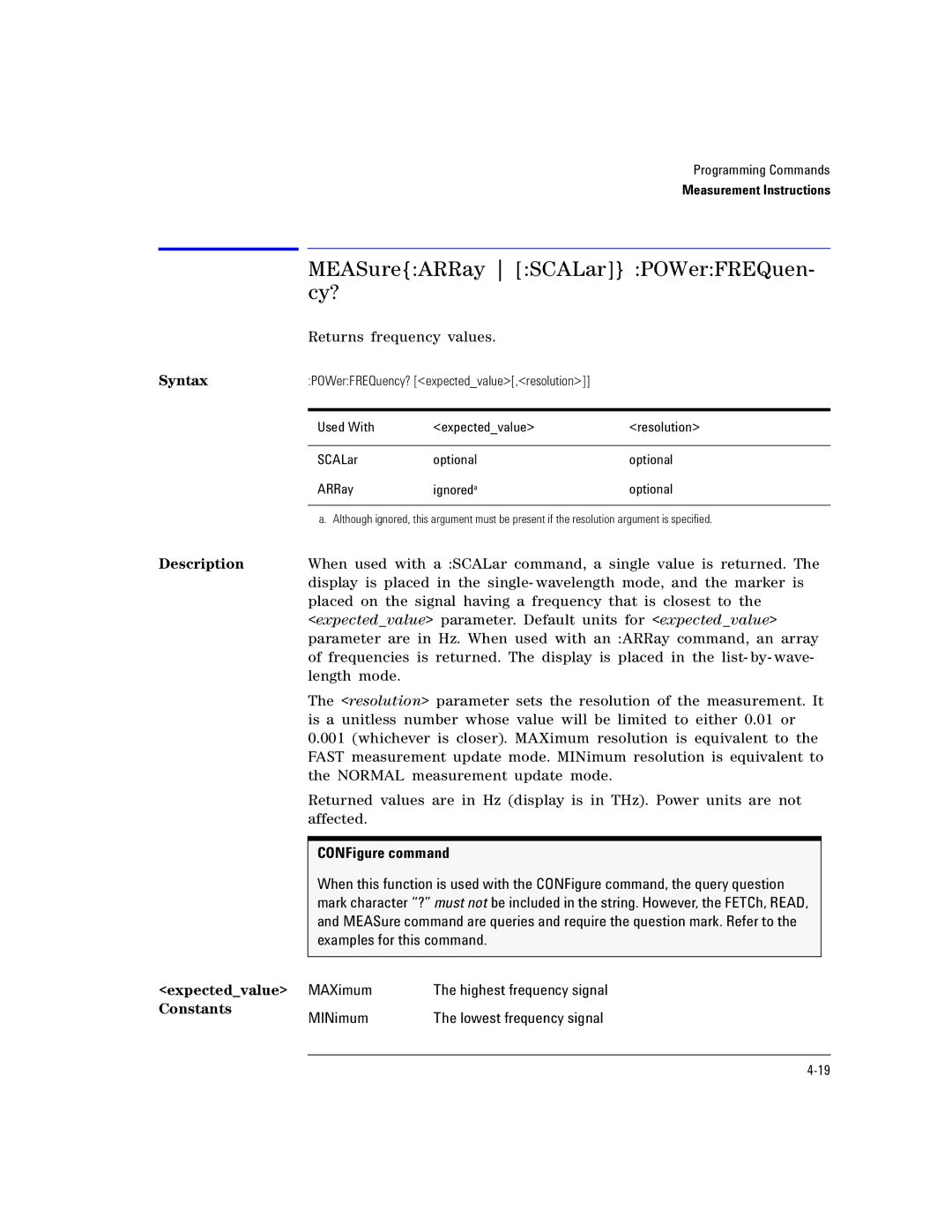 Agilent Technologies Agilent 86120C manual MEASureARRay SCALar POWerFREQuen- cy?, MINimum 