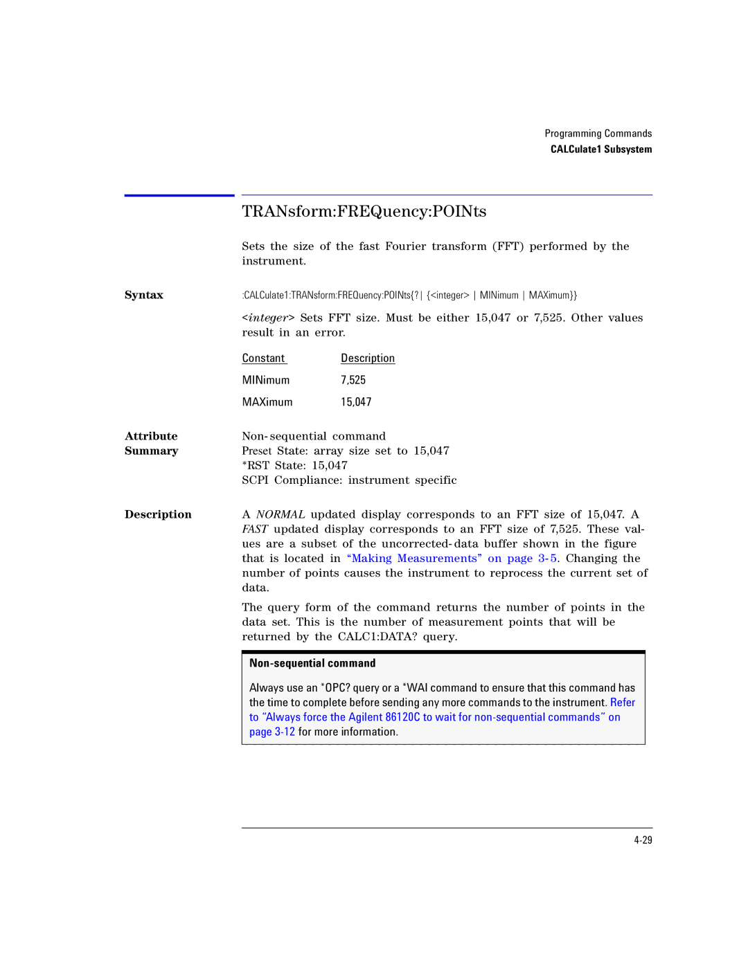 Agilent Technologies Agilent 86120C manual TRANsformFREQuencyPOINts, Constant Description MINimum 525 MAXimum 15,047 