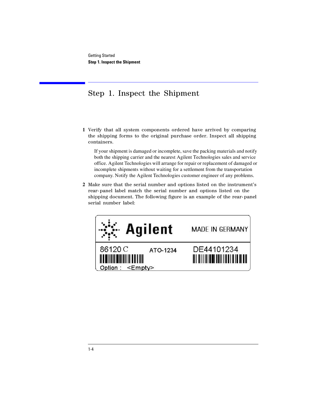 Agilent Technologies Agilent 86120C manual Inspect the Shipment 