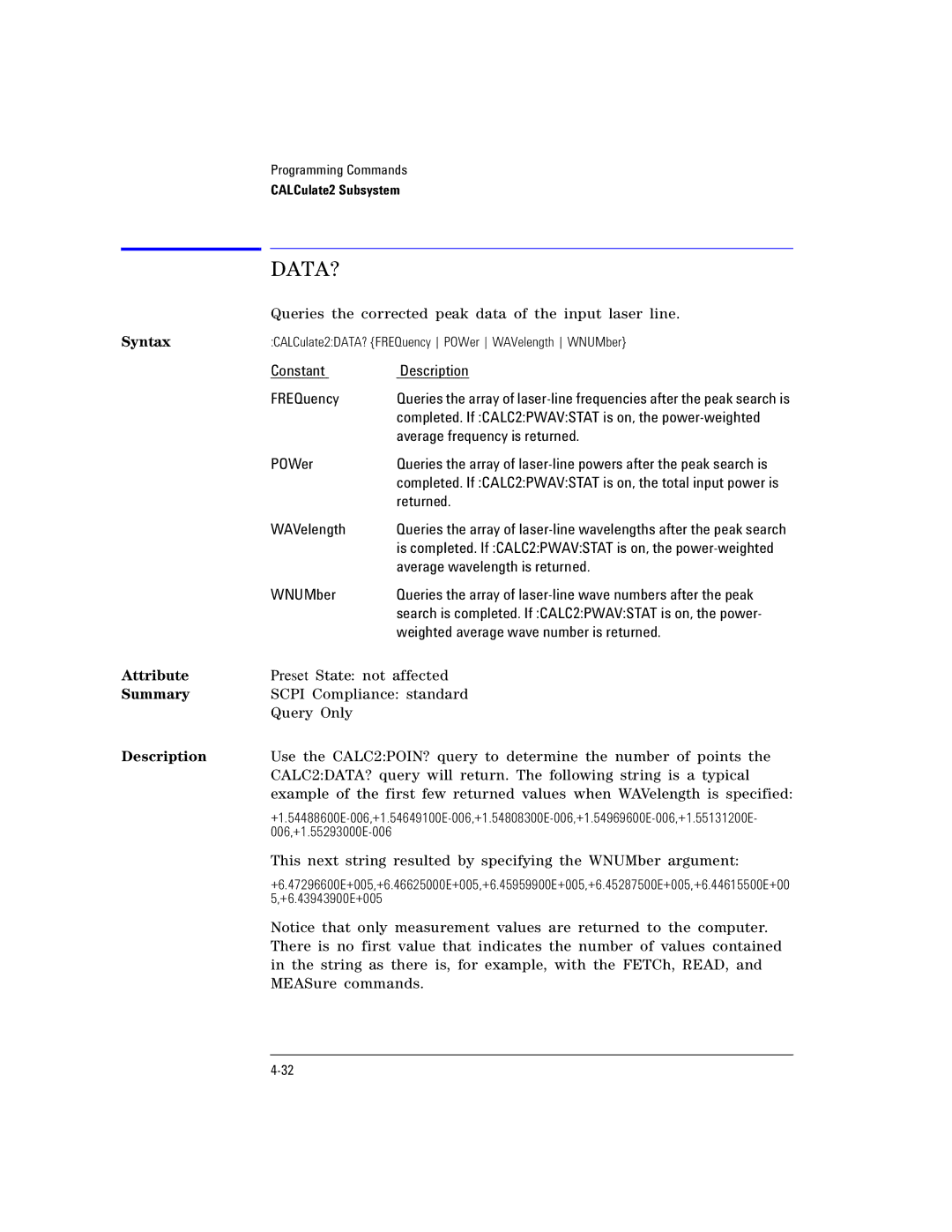 Agilent Technologies Agilent 86120C manual Constant Description FREQuency, Average frequency is returned, POWer, Returned 