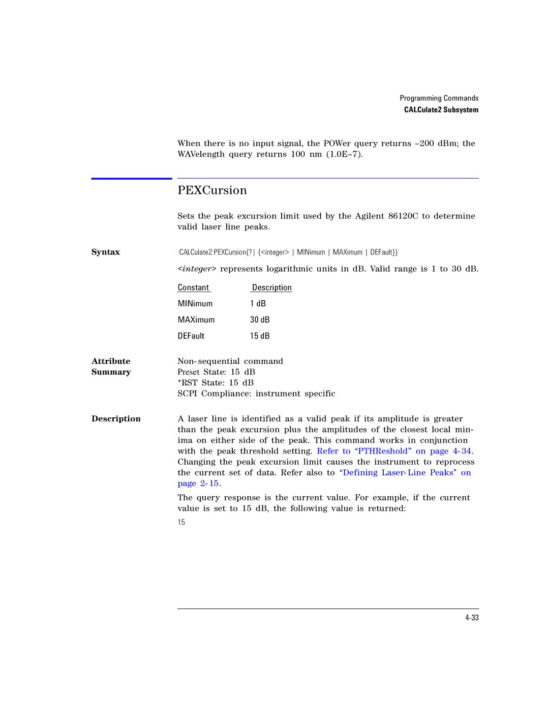 Agilent Technologies Agilent 86120C manual PEXCursion, Syntax, Attribute, Summary, Description 