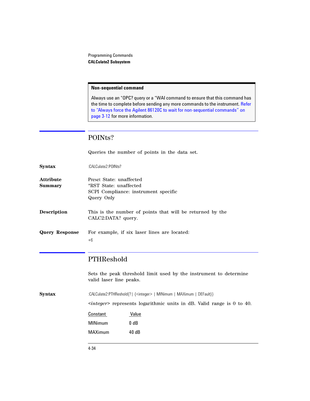Agilent Technologies Agilent 86120C manual POINts?, PTHReshold, Constant Value MINimum MAXimum 40 dB 
